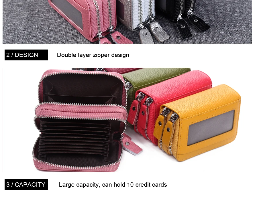 Fashion Brand Genuine Leather Women Card Holder Double Zipper Large Capacity Female ID Credit Card Case Bag Wallet