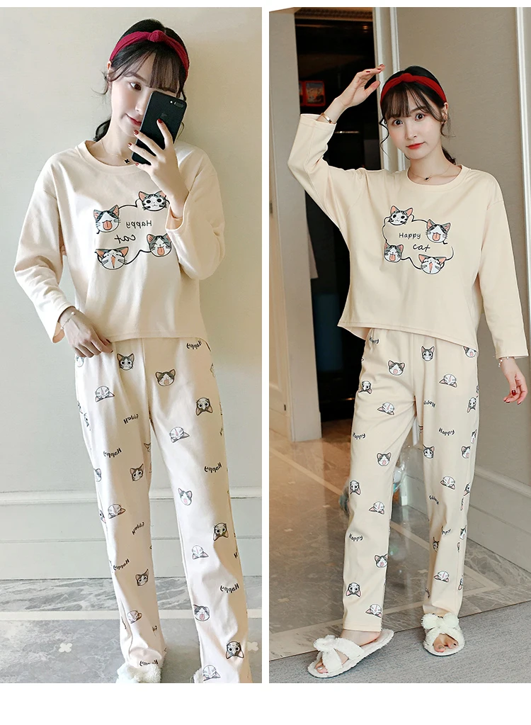 Осенние пижамные комплекты из хлопка для женщин, пижама с длинными рукавами для девочек, милая одежда для сна с рисунком кота из мультфильма, домашняя одежда, Pijama Mujer