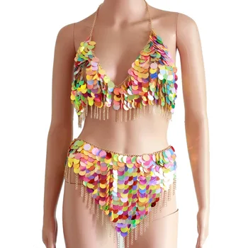

New Novelty Sexy Women's Metal Chain Bra Tanks 2020 Ladies Hollow Club Party Mujer Sparkly sequins Fringe Mini Dress Tops Sets