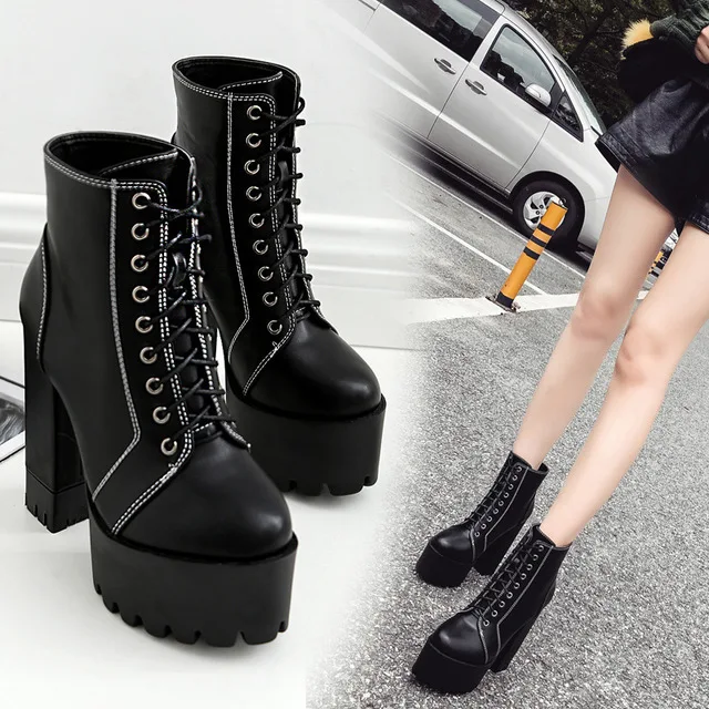 

2018 Europe autumn and winter women new style sexy thick bottom Martin boots female lace up bow tie slim super high heel boots