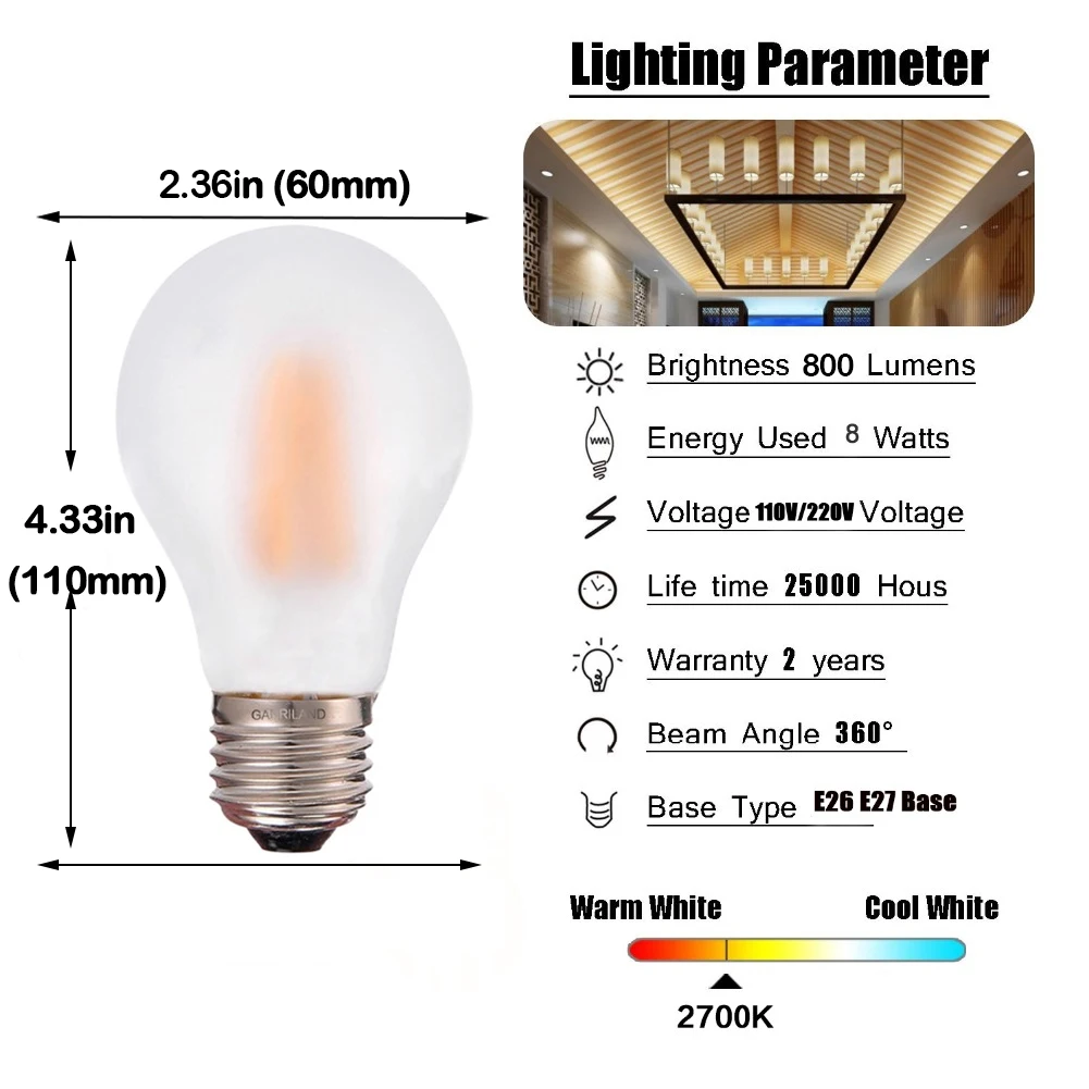 GANRILAND A19 затемняемый E27 Светодиодный светильник 8 Вт-70 Вт эквивалент матовый шар для гольфа 2700 к 800 лм лампы накаливания E26 ампульная лампа