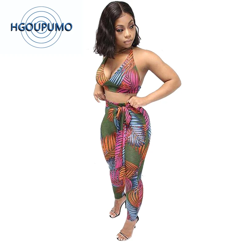 

Leaves Print Sexy 2 Piece Outfits For Women Summer Clothes Halter Backless Crop Sashes Bodycon Pant Sweatsuit Matching20190529