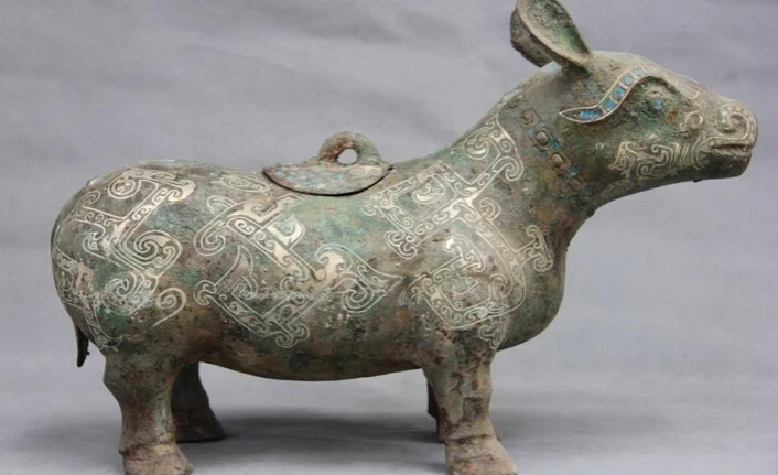 

USPS to USA S2679 12 Folk Collect Old Bronze silver-gilt Evil OX Bull Rhinoceros Zun Statue Censer B0401