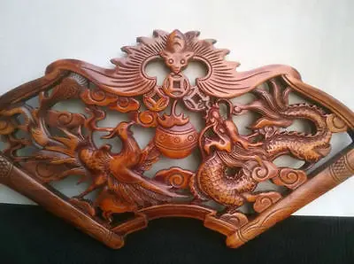 ART!CHINESE HAND CARVED DRAGON PHOENIX STATUE CAMPHOR WOOD PLATE WALL SCULPTURE 