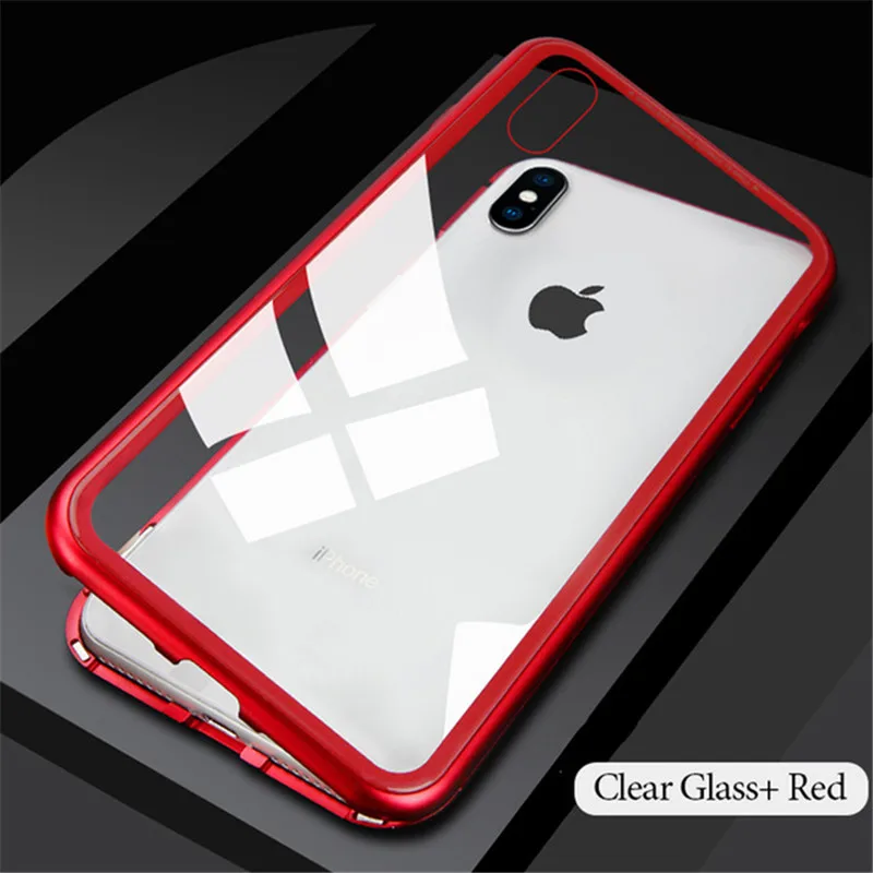 Metal Magnetic Case for iPhone X 7 8 XS MAX XR 6 Metal Bumper+ Back Tempered Glass Cover for Samsung S10 Plus S9 S8 Note 9 8 - Цвет: Red-Clear