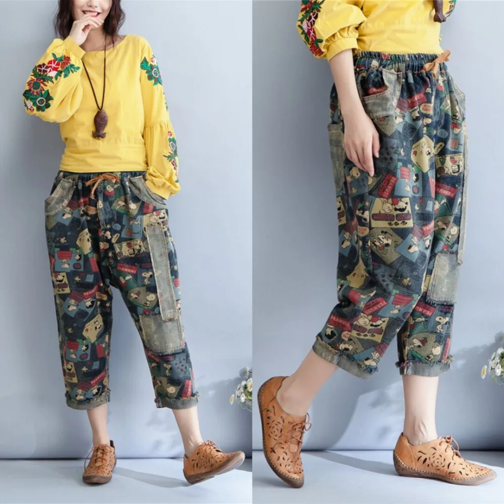 

summer Vintage women printing harem pants jeans Elastic Waist loose trousers for women denim pants Capris jeans woman Cross-pant