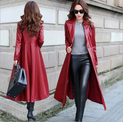 Long red leather coat womens Clearance