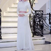 2017 Lace Long Sleeve Evening Dresses White vestido de festa Muslim Dubai hijab Arabic Evening Gowns Prom Dresses Pink Sashes