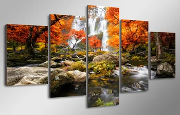 

HD Print 5 piece canvas art autumn nature lake forest waterfall landscape Painting Canvas room decor Free shipping/NY-5927