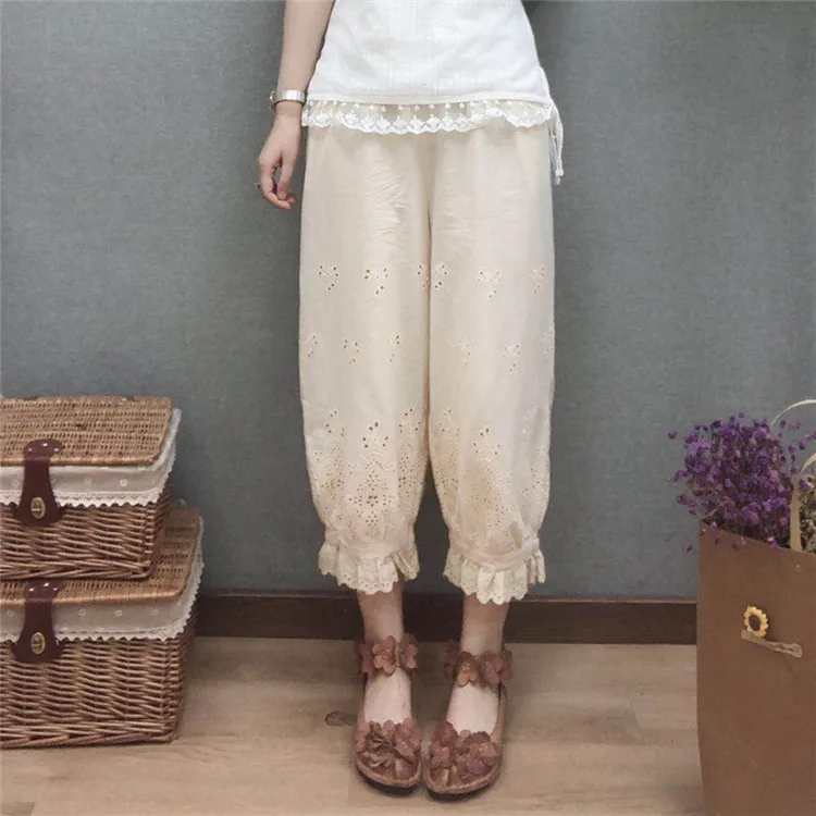 

Retro cotton embroidered openwork stitching lace bloomers pants Basic models female 2019 summer
