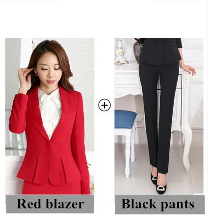 Одежда для работы, Модный женский комплект одежды, блейзер с длинными рукавами и брюки для офиса, женские деловые костюмы больших размеров, серые брюки - Цвет: Red coat and pants