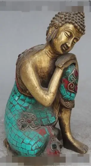 

S00731 7"Tibet Fane Bronze Gold Turquoise inlay ruby Sleep Shakyamuni Buddha Statue (B0328)