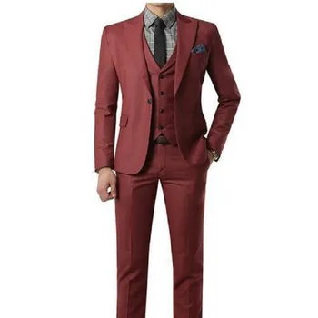 

Shawl Black Lapel One Button Wine red men Suit Custom Made Wedding Suits With Pants Mens Tuxedos Grooms ( jacket+Pants+vest+tie)