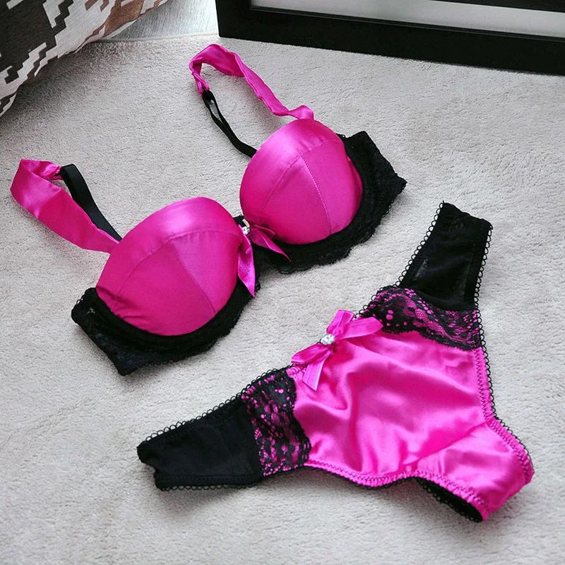 1/2 Cup Bra and G string Or Thong Panty Set Fluorescent Fashion Rose