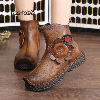 

Tastabo Winter Boots Genuine Leather Ankle Boots 2018 New Design Round Toe Soft Comfortable Brown Black Flats Boots Women