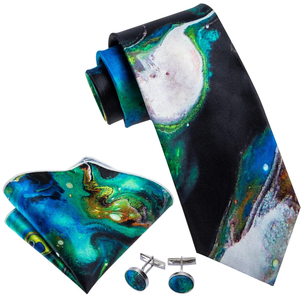 

LS-5097 Mens Tie Barry.Wang Dropshipping Printed Ties For Men Wedding Business Party Green Hankerchief Cufflinks Neck Tie Set