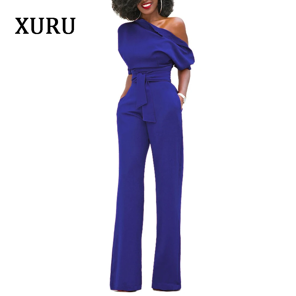 

XURU Autumn Solid Color Trousers Oblique Collar Wide Leg Pants Jumpsuit Sexy Sling Jumpsuit Women's Jumpsuit Party Jumpsuit