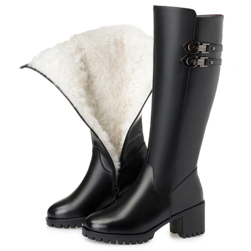 

Super warm knee high 100% wool boots women shoes genuine leather shoes woman boots 6 cm Rough heels botines mujer 2018 winter