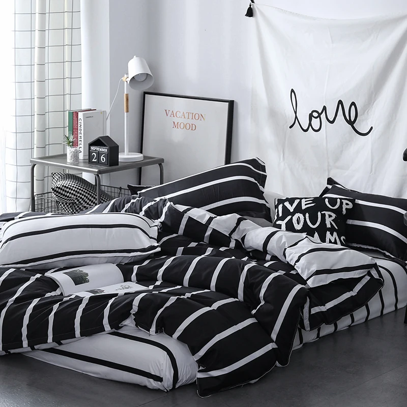 Black white Classic bedding set striped duvet cover white bed linen set