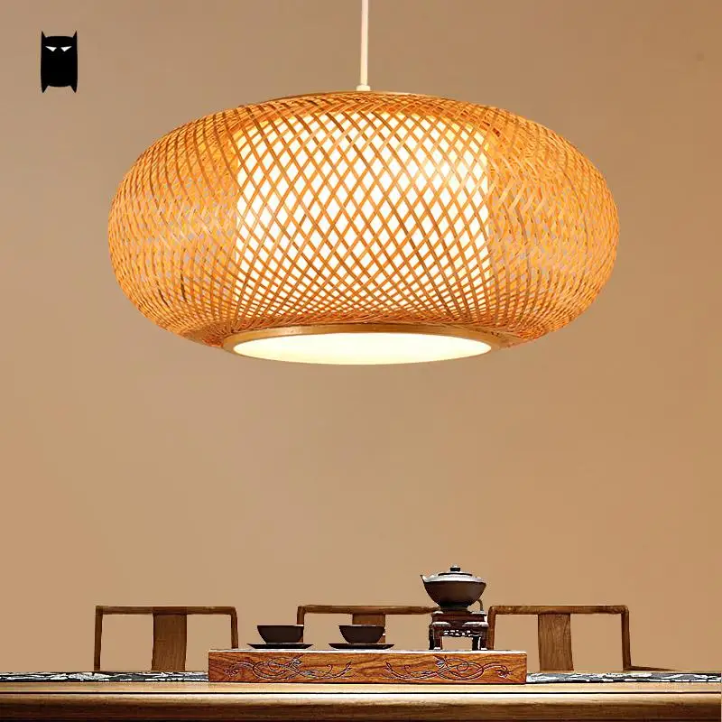 جولة اليد محبوك الخيزران الروطان قلادة سلك مصباح لاعبا اساسيا ريفي الآسيوية اليابانية أسلوب حصير مصباح Luminaria طاولة طعام غرفة