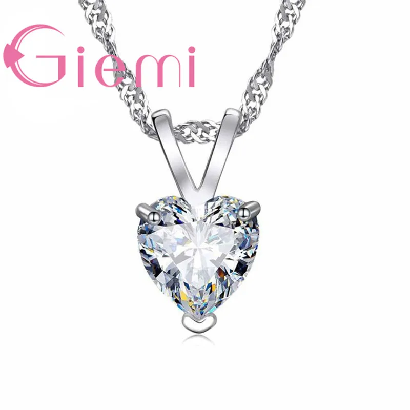 

100% Real 925 Sterling Silver Pendant Necklace Shining Princess Cut Clear Heart Cubic Zircon Jewelry Nice Valentines Gifts