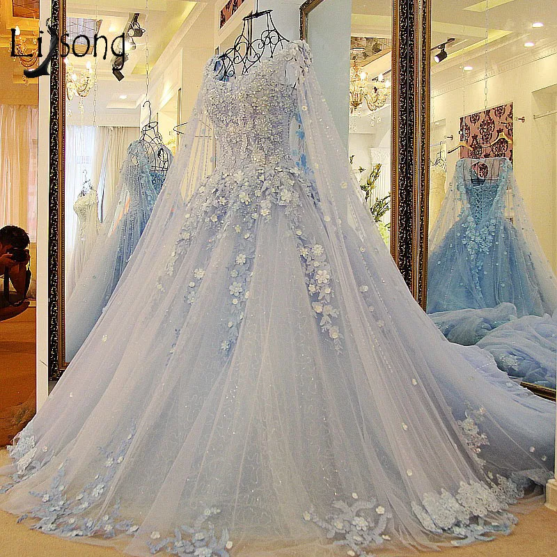 Дубай небесно-голубые Свадебные платья с длинным плащом с жемчугом, Пышные свадебные бальные платья Robe De Mariee Appliques Casamento