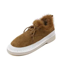 Fashion Casual Fur Winter Shoes 2016 Warm Flat Shoes Women Nubuck Leather Lace Up Snow Shoes Black and Brown