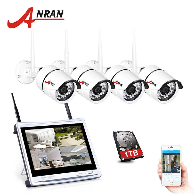 ANRAN P2P 4CH WI-FI NVR 12 дюймов ЖК-дисплей монитор 36 ИК Водонепроницаемый видеонаблюдения