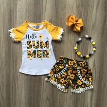 Olá bebê Verão crianças meninas outfits amarelo pom pom calções de girassol boutique roupa dos miúdos define colar combinando e arco