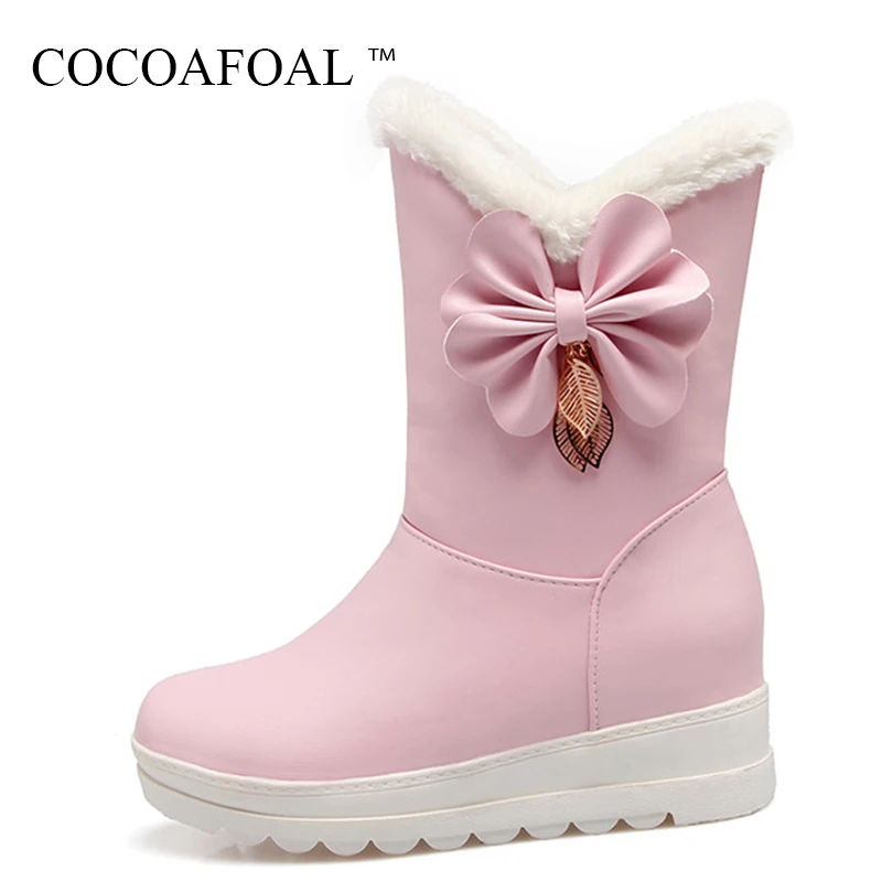 

COCOAFOAL Women's Winter White Butterfly Knot Snow Boots Fashion Black Metal Decoration Snow Boots Plus Size 33 41 42 Snow Boots