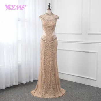 

Gold Mermaid Evening Dress 2020 High Neck Crystals Beading Formal Women Gown Dresses Robe de Soiree Pageant Dresses YQLNNE