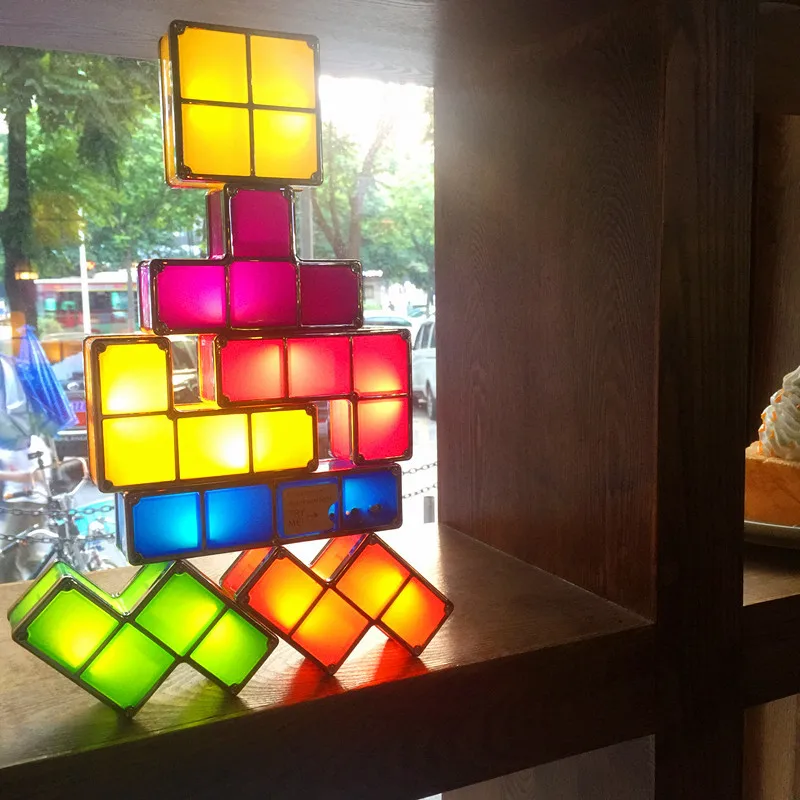 Lâmpada de Mesa Torre do Bebê Luz da Noite Cores Faça Você Mesmo Tetris Quebra-cabeça Luz Empilhável Led Bloco Constructible Retro Jogo Colorido Tijolo Brinquedo 7 22 Luzes noturnas