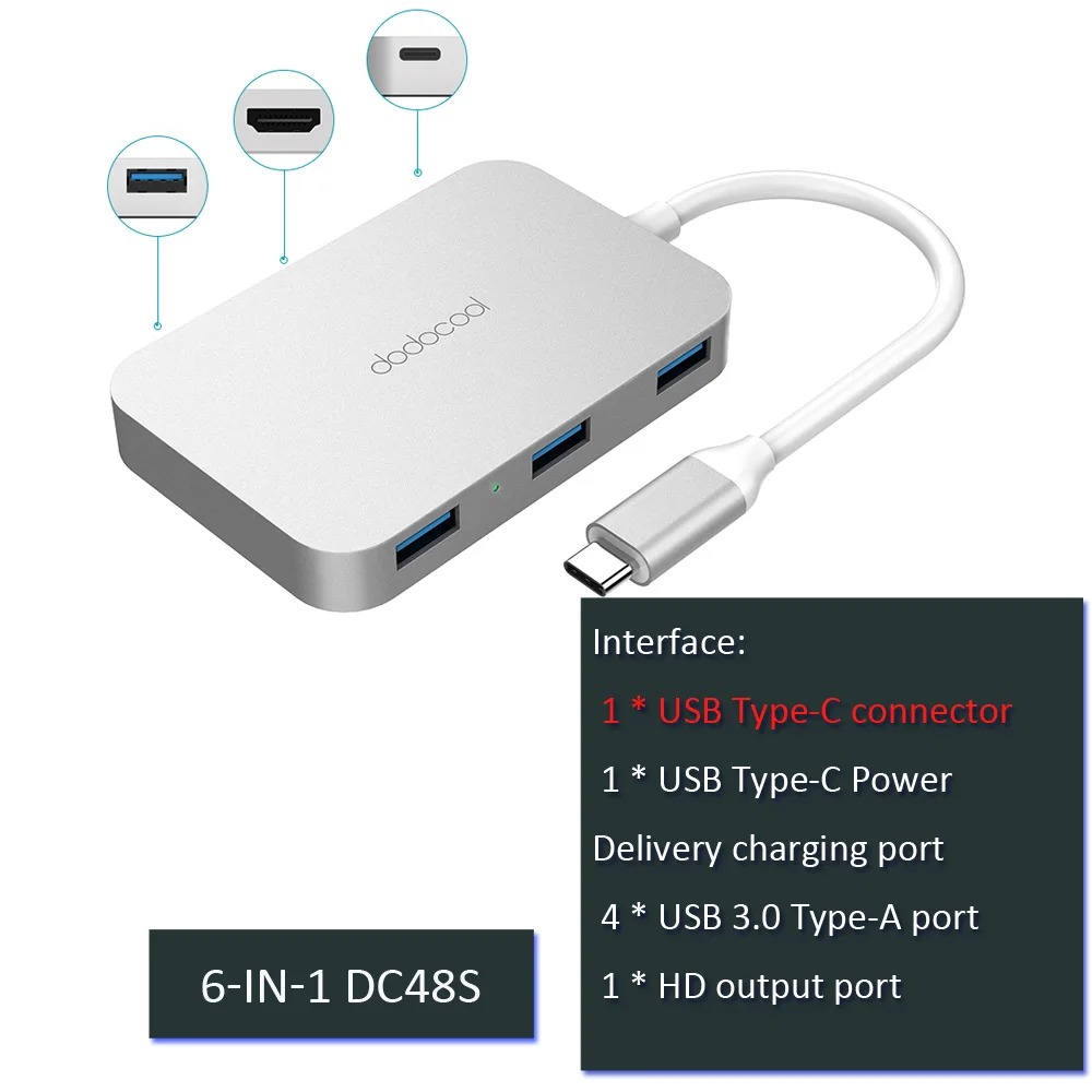 Dodocool usb концентратор usb 3,0 концентратор type c usb c концентратор с HDMI адаптер док-станция для macbook pro Аксессуары USB-C 3,1 сплиттер - Цвет: 6 in 1 DC48S