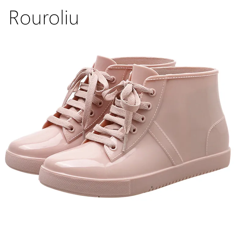 

Rouroliu Women PVC Ankle Rainboots with Warm Socks Lace-Up Non-Slip Waterproof Water Shoes Woman Boots Wellies FR4