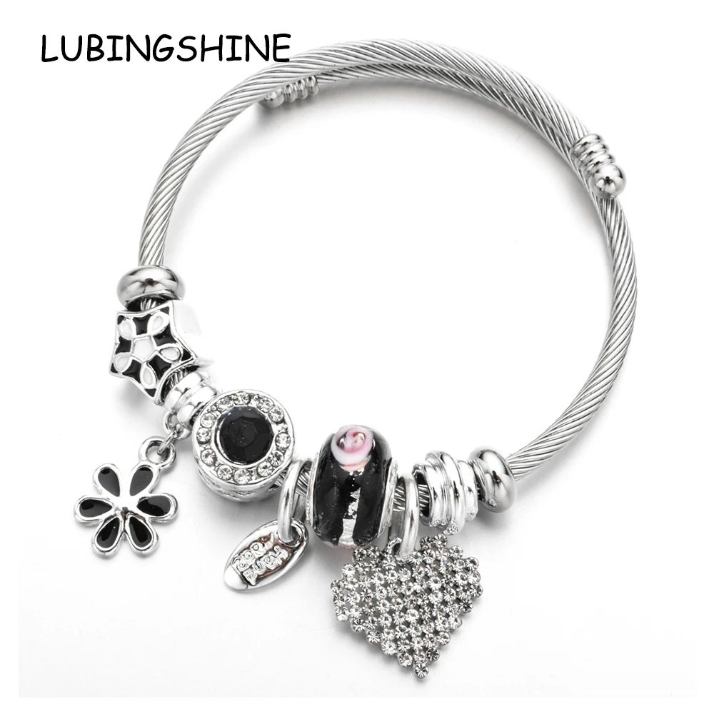 

Heart Flower Charms Bracelets for Women Girl Crystal Beads Stainless Steel Adjustable Open Cuff Wire Cable Bangles DIY Jewelry