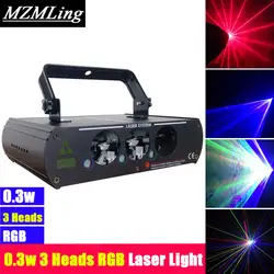 Мини 0,3 Вт 3 головки RGB Лазерный свет DMX512 этапа лазерный луч 20kpps DJ/бар/вечерние Stage СВЕТОДИОДНЫЙ световой эффект этап машина