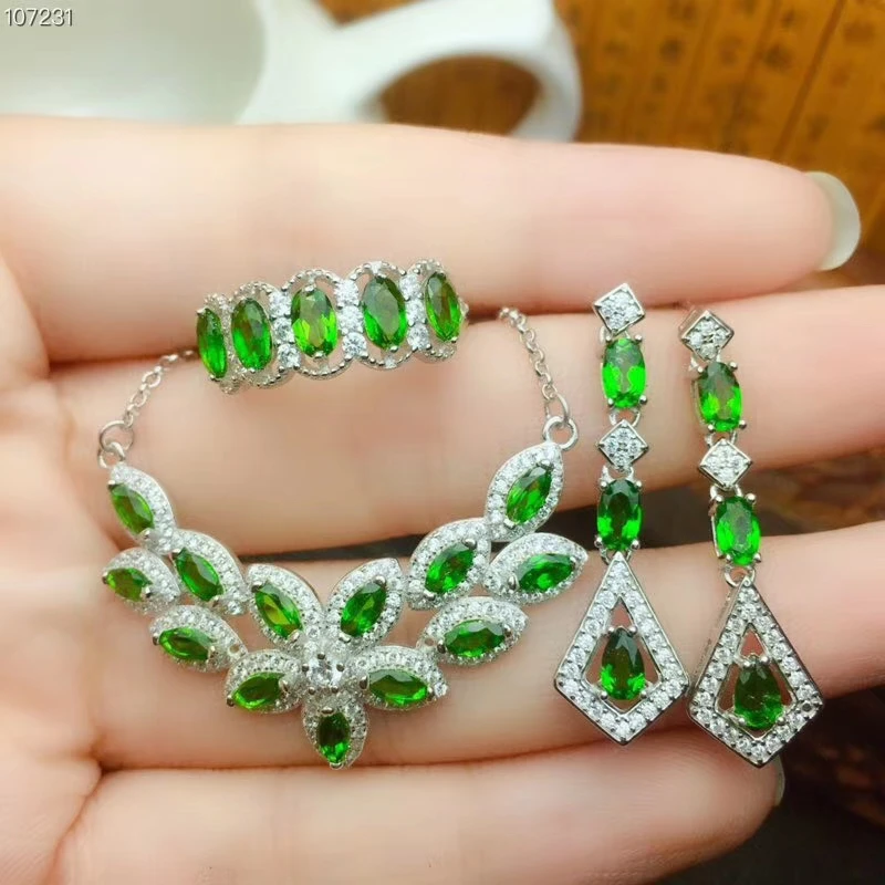 Очаровательный Прозрачный зелёный диопсид драгоценный камень кольцо серьги и ожерелье ювелирный набор с золотым серебром 2