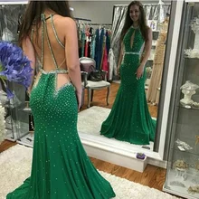 Sexy Open Back Meerjungfrau Abendkleider O Neck Kristall Perlen Abendkleid Gericht zug Mermaid Formale Kleid Für Frauen robe sirene