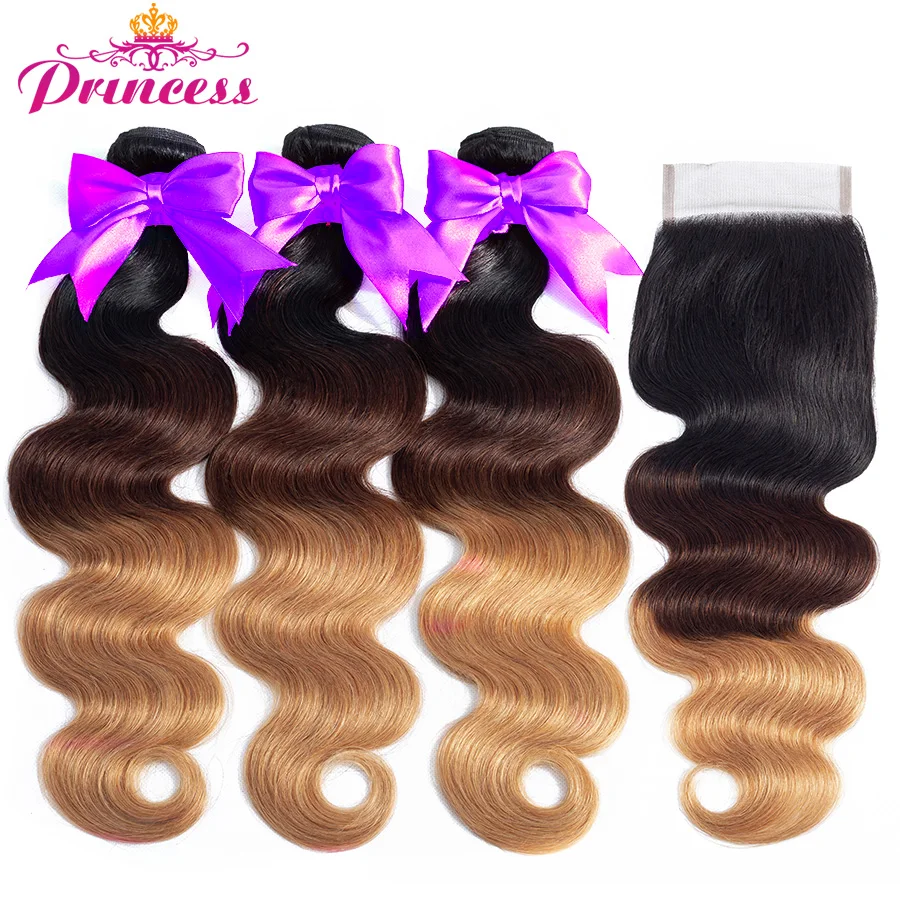 

Beautiful Princess Hair Ombre Bundles With Closure T1B/4/27 Brazilian Body Wave 3 Bundles With Lace Closure Non Remy Human Hair
