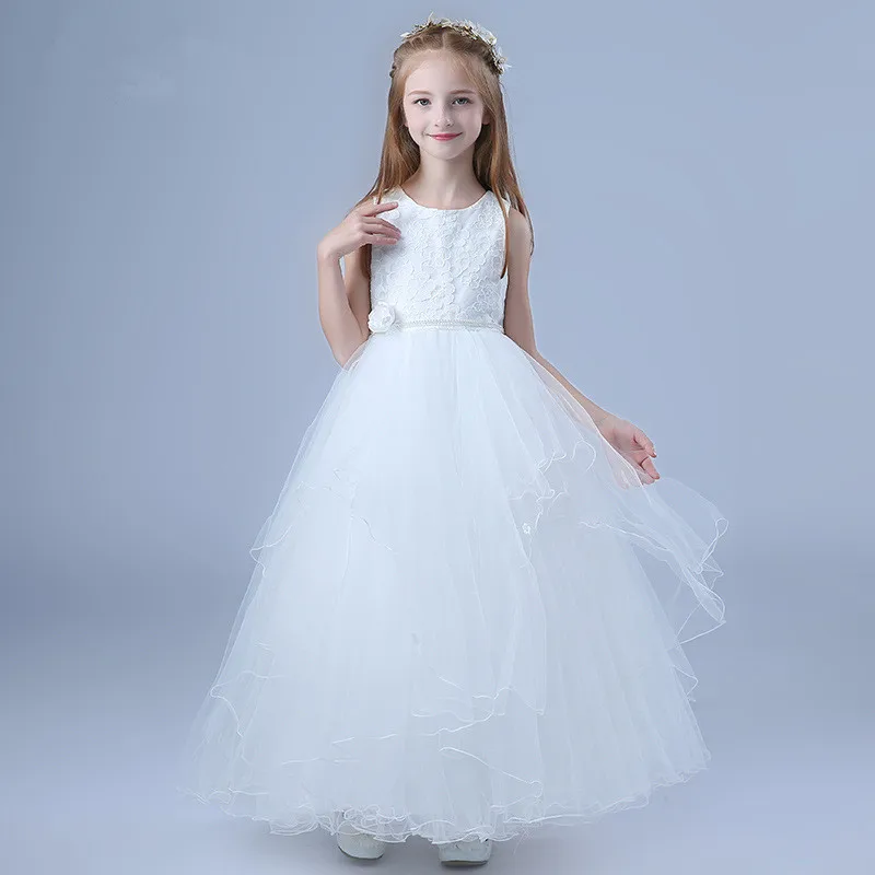 White Long Formal Girl Dress Layers Christmas Kid Party Costume For 4 6 8 10 12 14 Year Old 2019