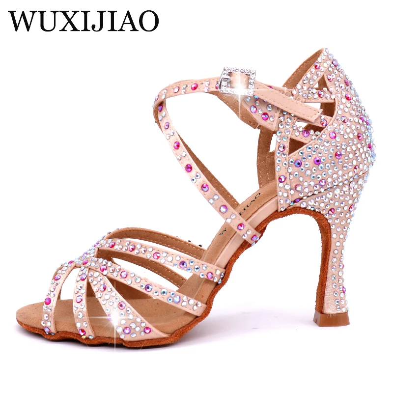 Women Salsa Party Ballroom Latin Dance Shoes Rhinestone Shining Bronze Skin Black Satin Cuba Heel 9cm