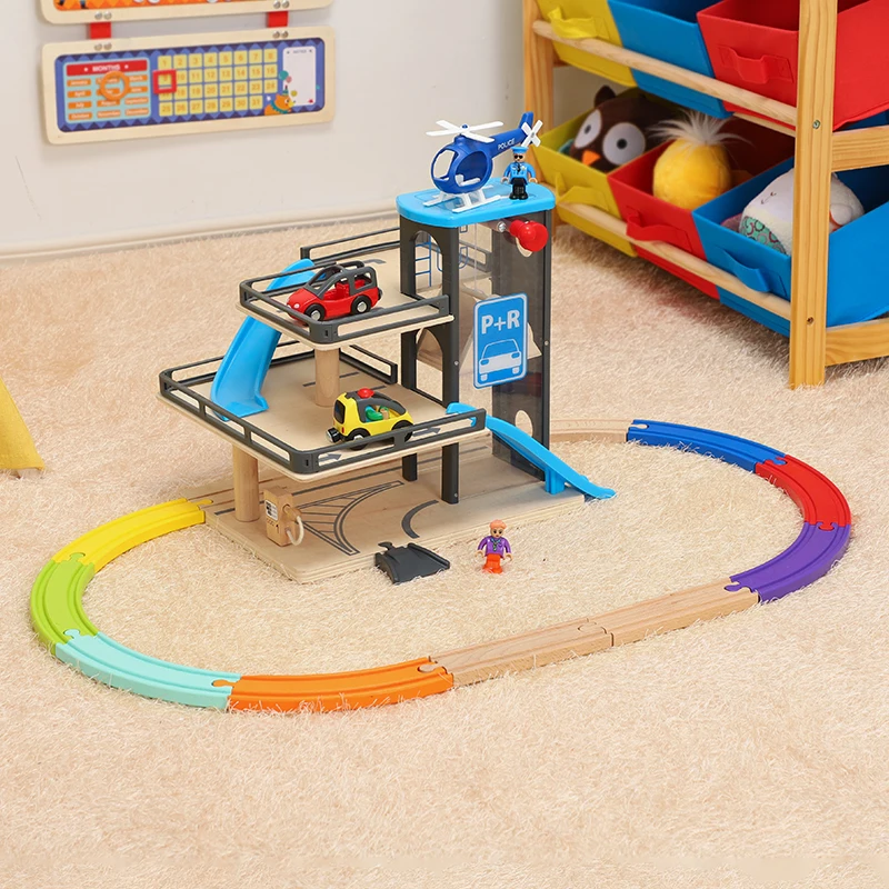 

Kids Wooden Elevators Parking Simulation Blue Track Wood Track Train Car Toy Compatible Millet IKEA Brio Children's Day Gifts