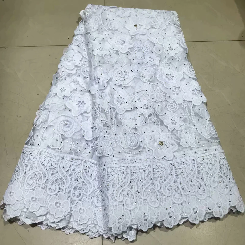 

White African 3d lace fabrics applique 2019 embroidered stones Nigerian laces fabric high quality wedding french tulle mesh lace