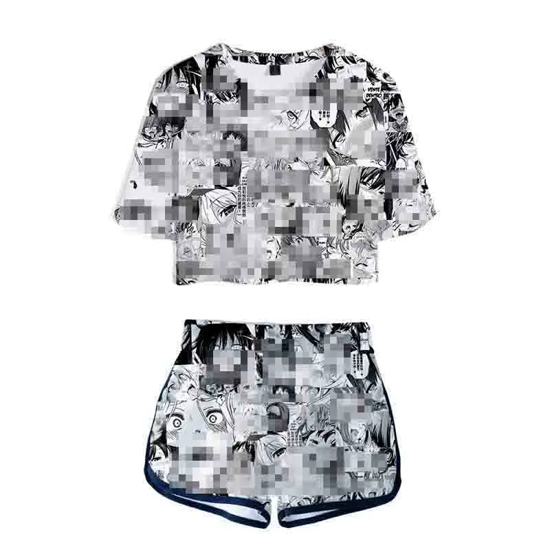 

2019 Anime Aheago Printed Women Sets New Album Oversize Navel Short Sleeve And Short Pants O-Neck Summer Two Piece Set Sexy