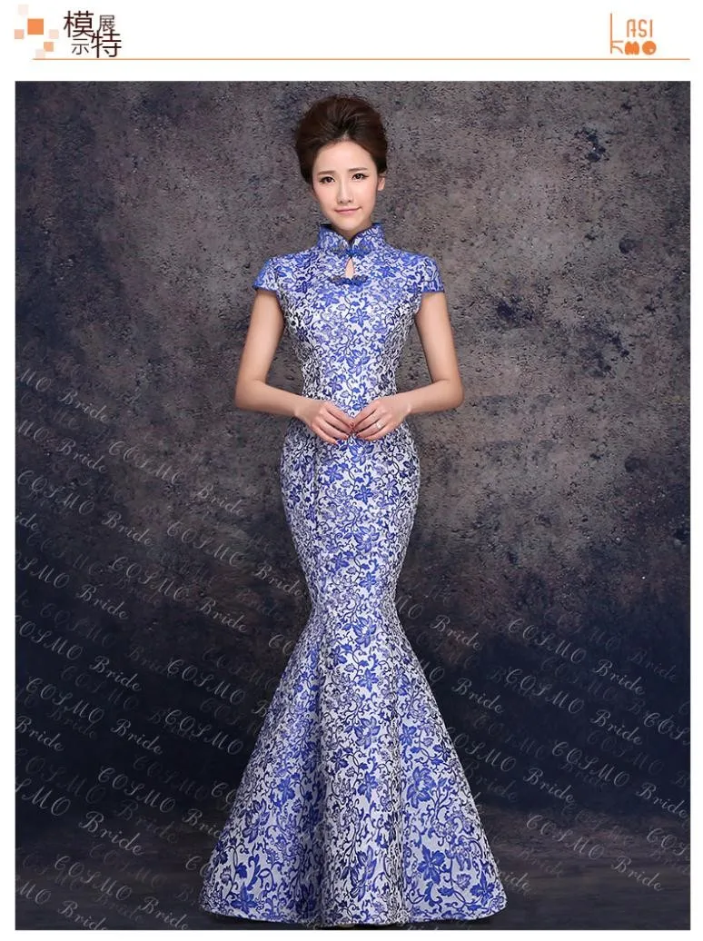 Винтаж синий длинный Русалка Cheongsam Qipao Атлас печати вечернее платье новинка 2017 Горячая Распродажа Китая рыбий хвост Вечерние платья Qipao