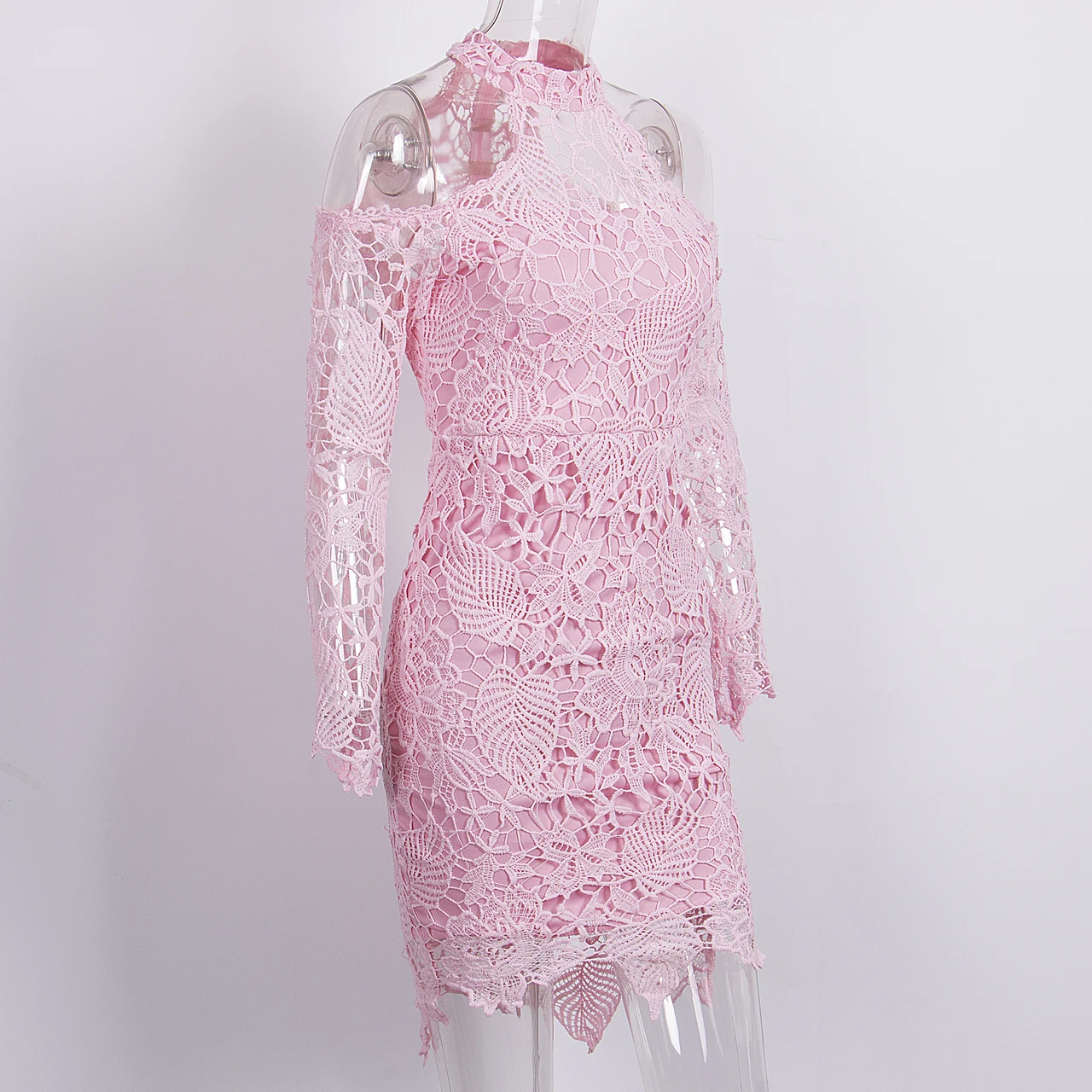

Off Shoulder Lace Mini Dress Pink Women Summer Sexy Long Sleeve Bandage Bodycon Party Pencil Dresses Mini Dress Clothes