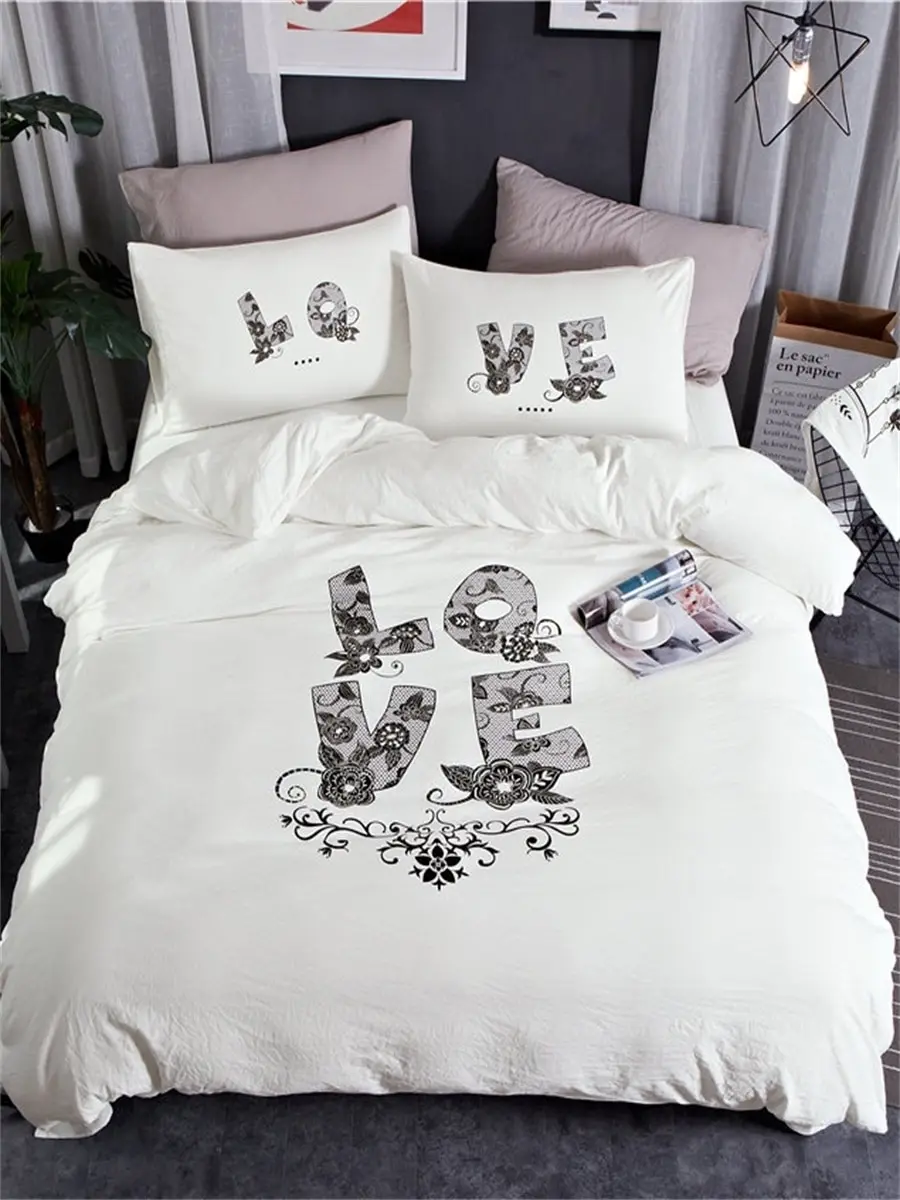 

4Pcs Warm Bedding Set Simple Style Art Letter Decor Comfy Sheet Set
