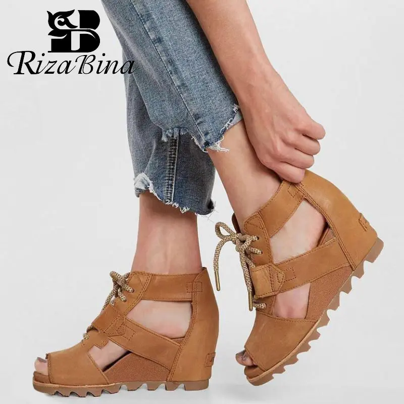 

RIZABINA New Wedges Sandals Women Lace Up Peep Toe High Heels Shoes Women Summer Daily Leisure Women Footwear Size 34-43