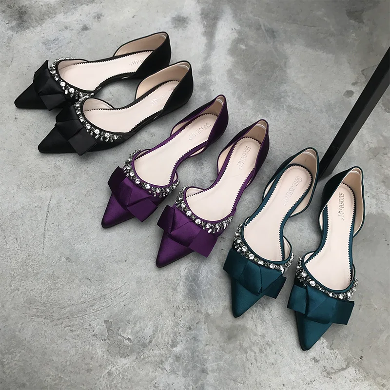 MONMOIRA Elegant Silk Rhinestone Flats Shoes Women Pointed Toe Wedding