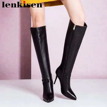 

Lenkisen pop european stars pointed toe zipper large size super hight heels cow leather balck color women knee-high boots L92